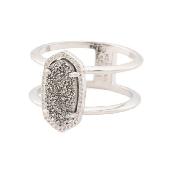 Kendra Scott Silver Rodium Plated Platinum Drusy Oval & Open Elyse Ring-Size-6 - Picture 3 of 7